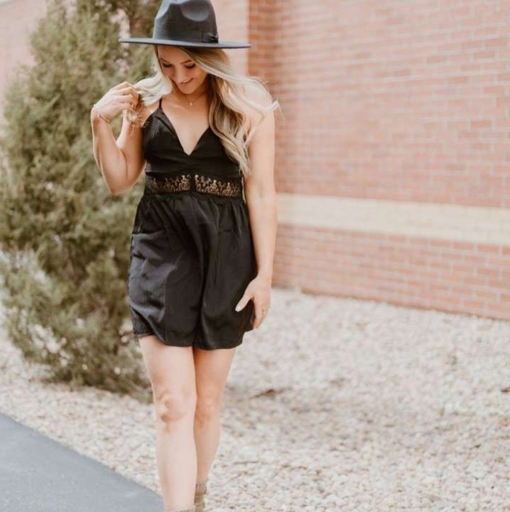 Black Lace-Trim Romper Jumpsuit - Women